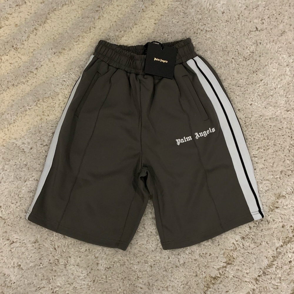 Palm Angels Grey & White Striped Track Print Logo Shorts Men’s Sizes S, M, L